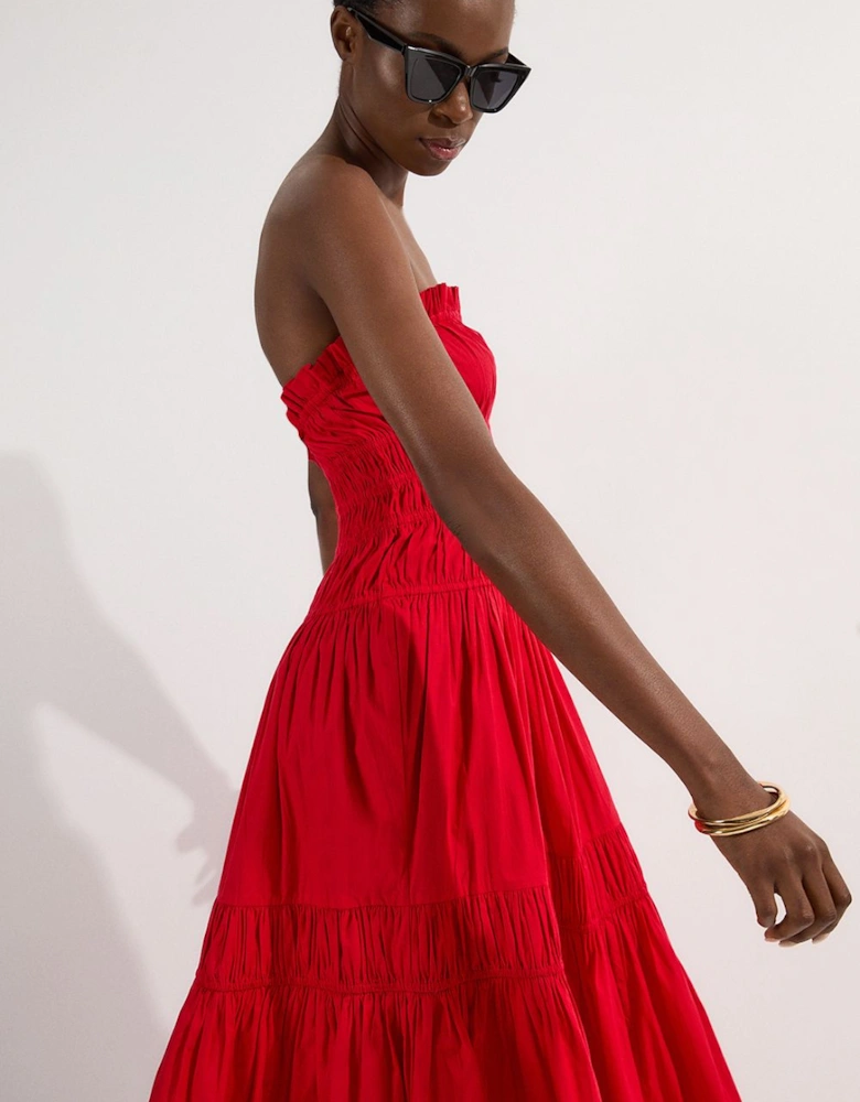 Shirred Cotton Tiered Bandeau Woven Maxi Dress