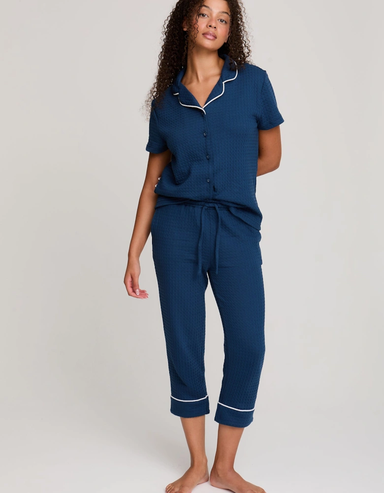Luxury Suite Waffle Short Shirt Trouser Set in Marine Blue