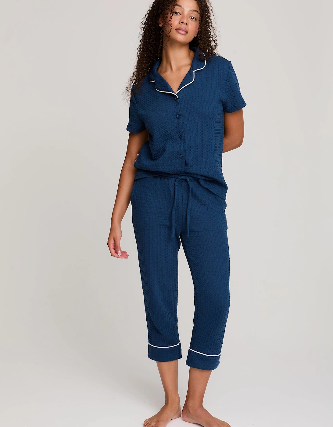 Luxury Suite Waffle Short Shirt Trouser Set in Marine Blue