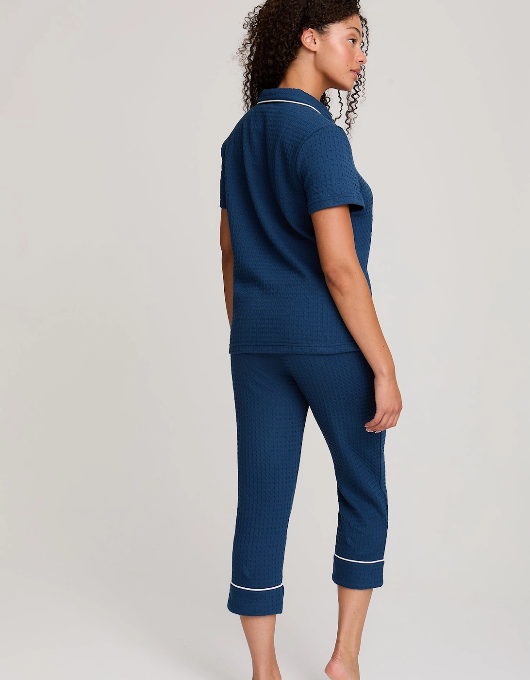 Luxury Suite Waffle Short Shirt Trouser Set in Marine Blue