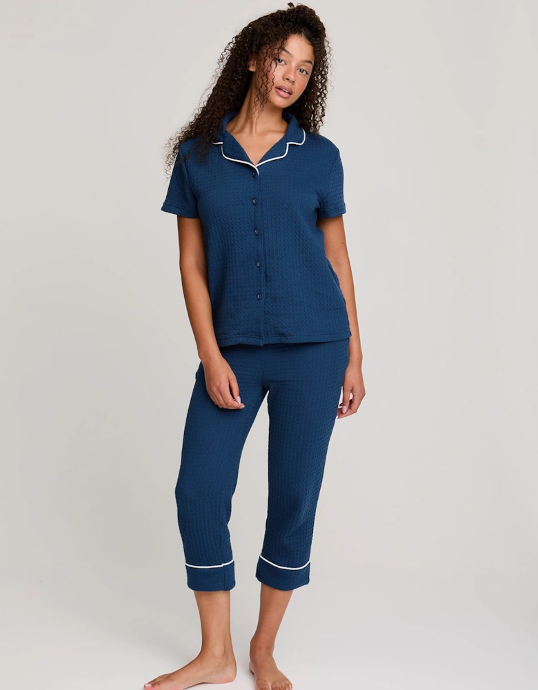 Luxury Suite Waffle Short Shirt Trouser Set in Marine Blue