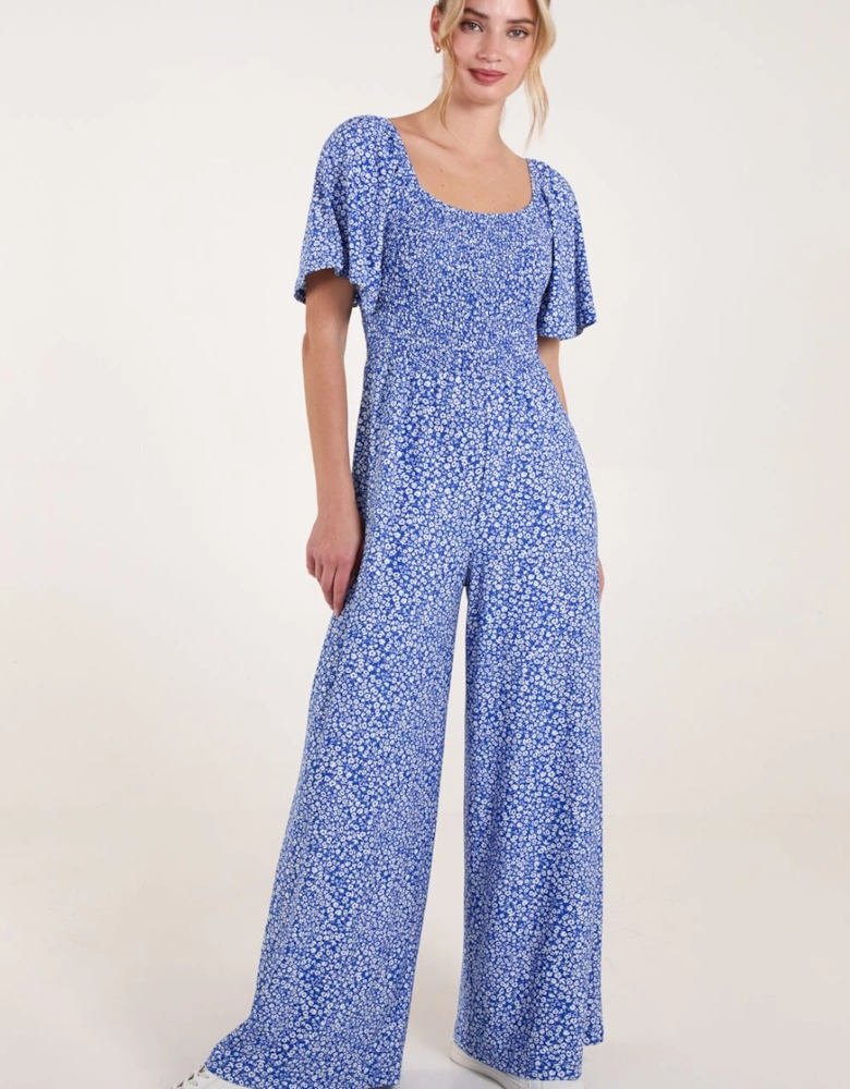 Square Neck Shirred Waist Angel Sleeve Wide Leg Jumpsuit