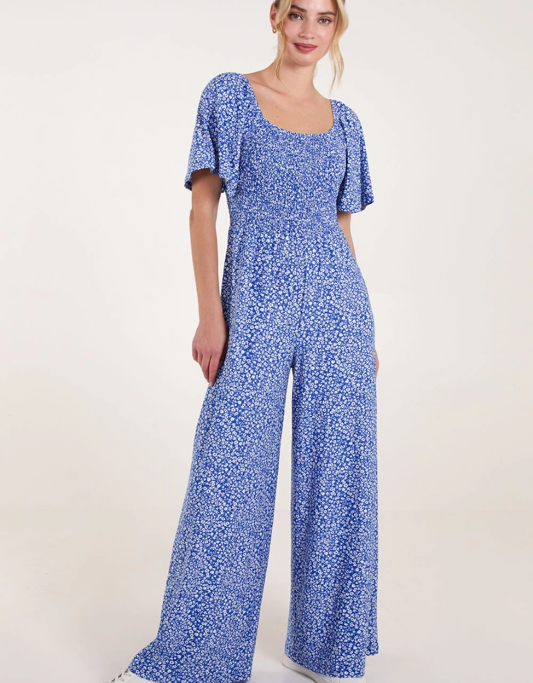 Square Neck Shirred Waist Angel Sleeve Wide Leg Jumpsuit, 2 of 1