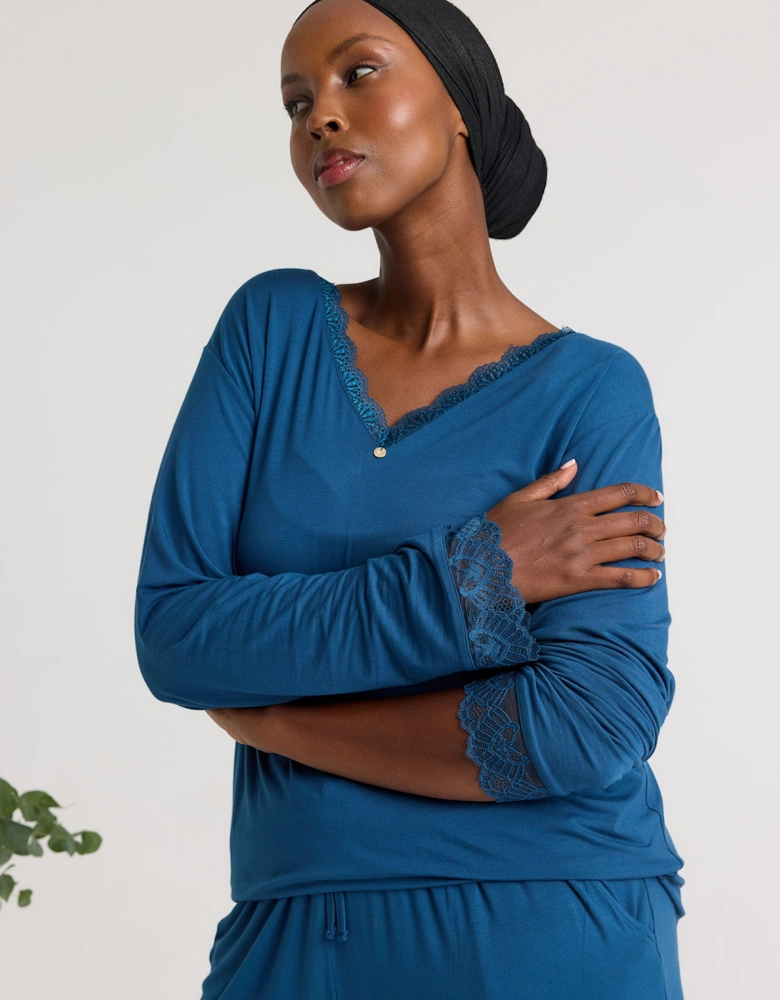 Bamboo Lace V-Neck Pyjama Set in Teal