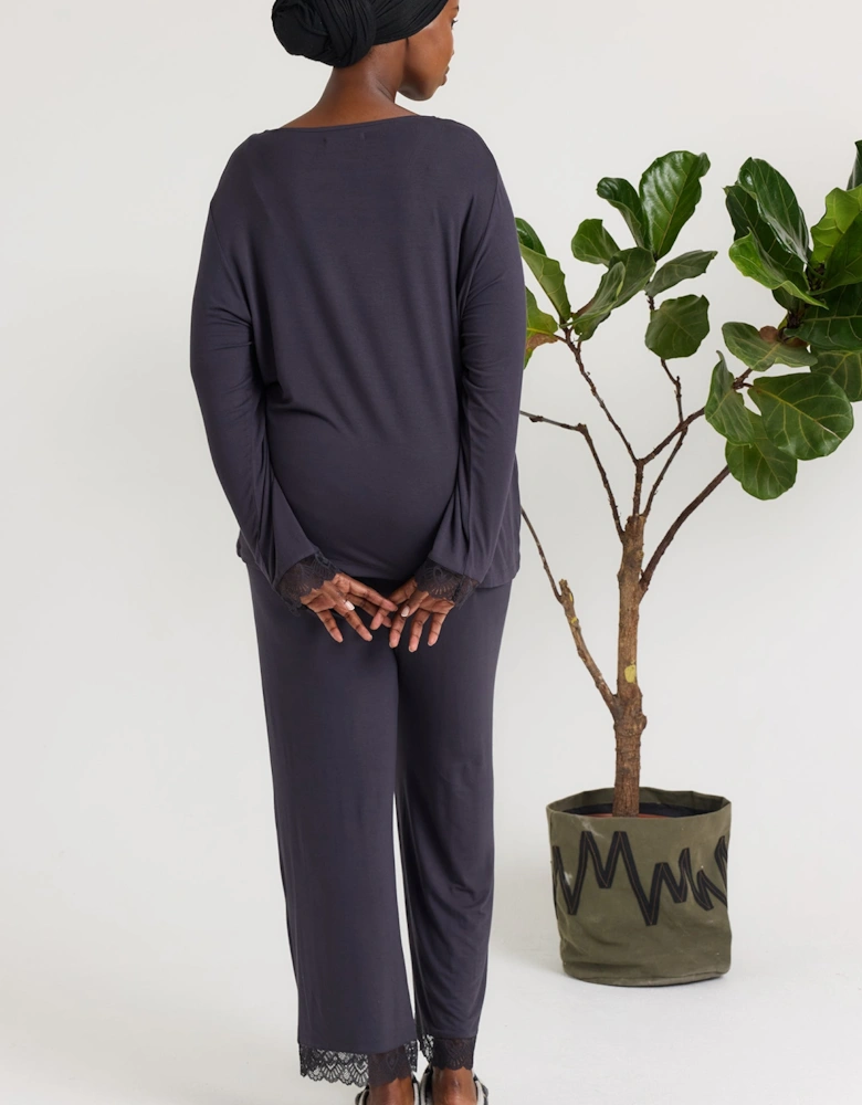 Bamboo Lace V-Neck Pyjama Set in Raven