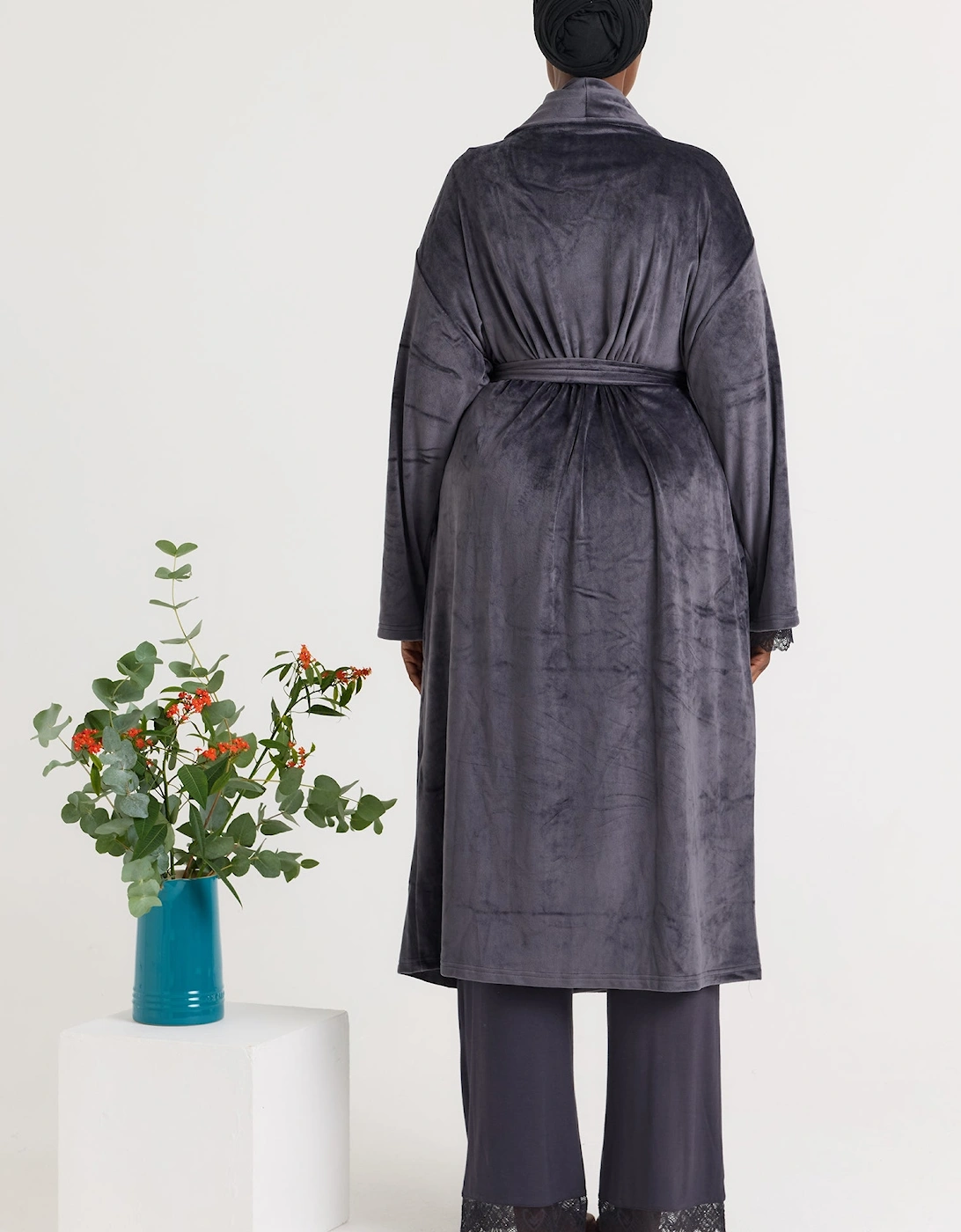 Velour Longline Dressing Gown in Raven