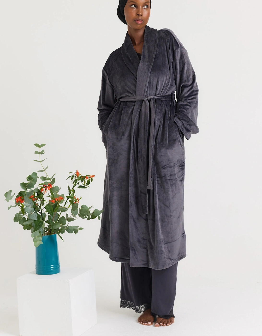 Velour Longline Dressing Gown in Raven