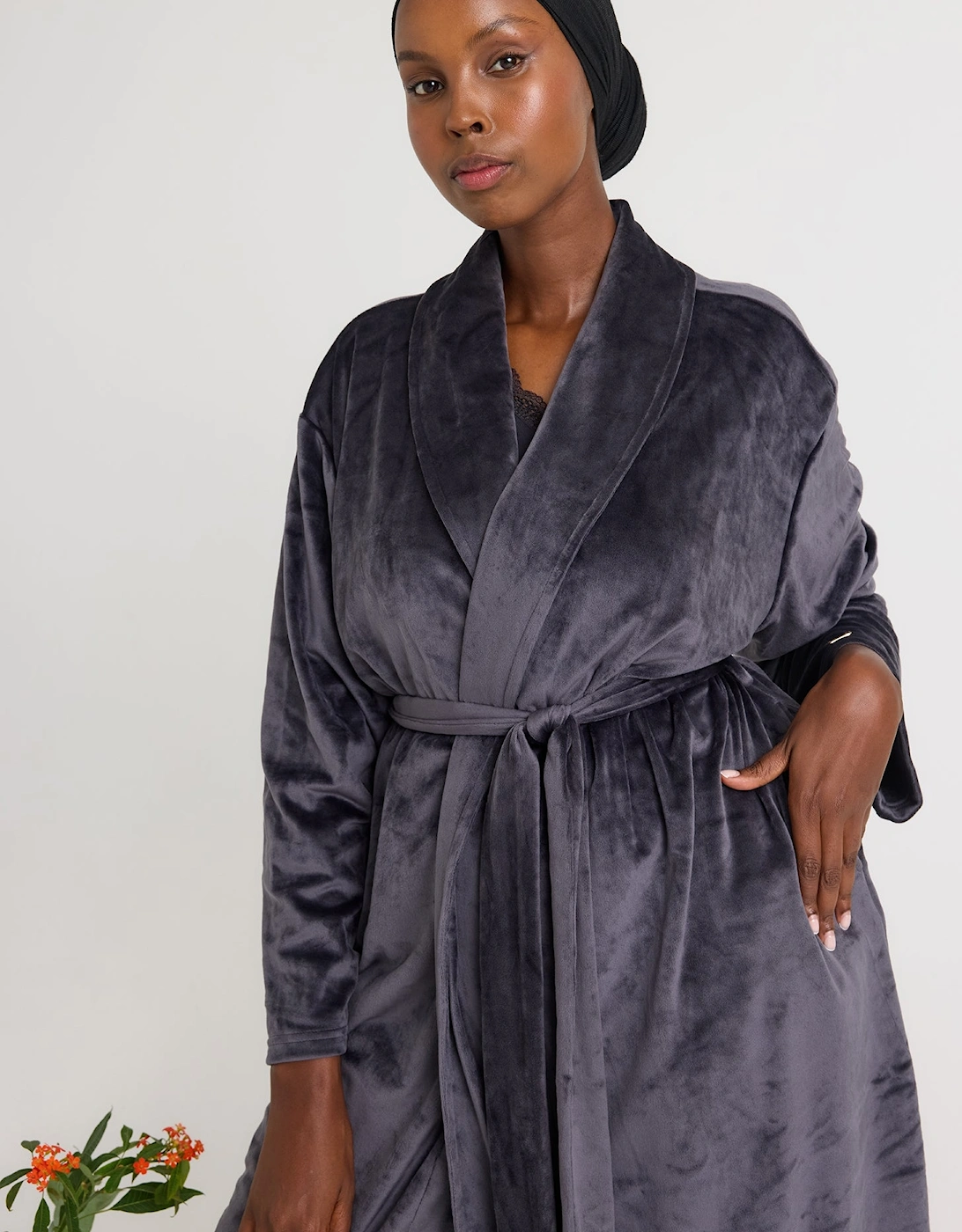 Velour Longline Dressing Gown in Raven
