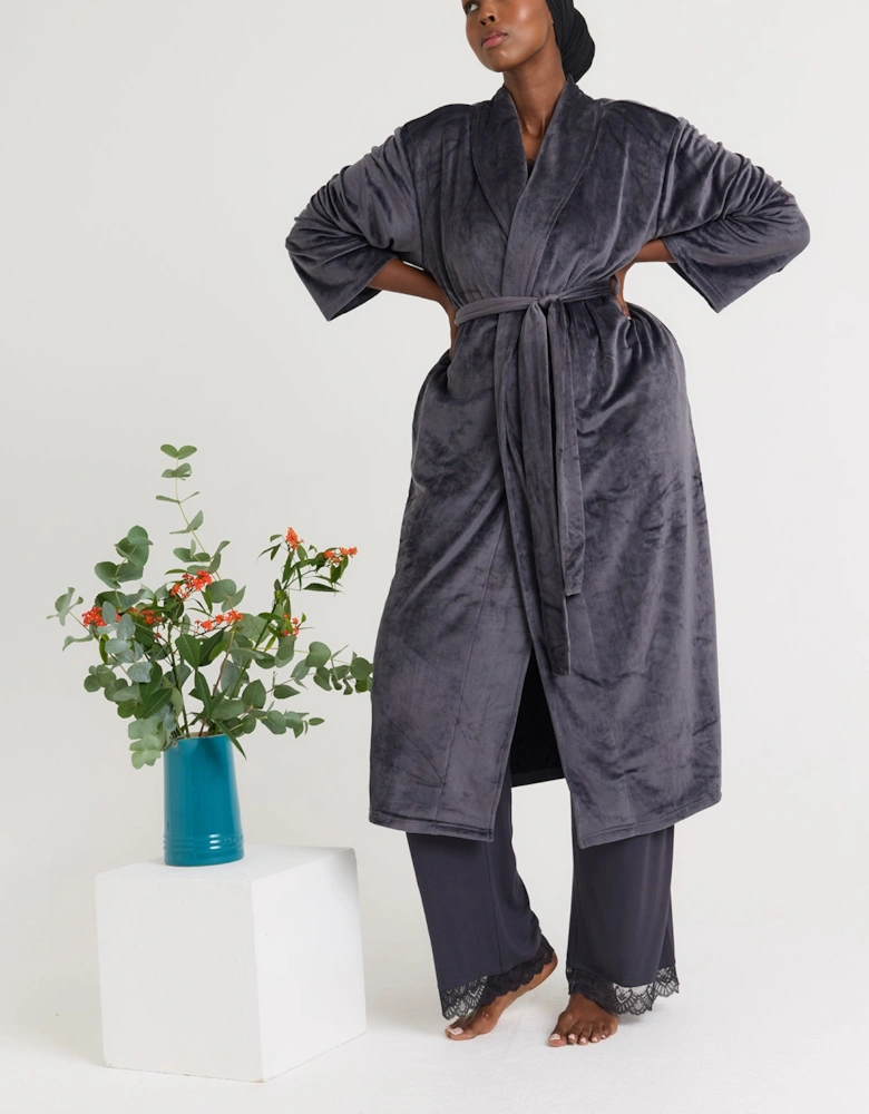 Velour Longline Dressing Gown in Raven
