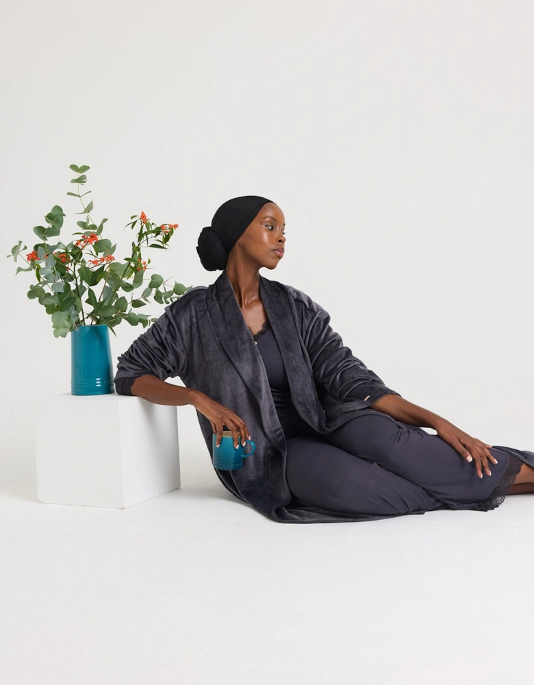 Velour Longline Dressing Gown in Raven