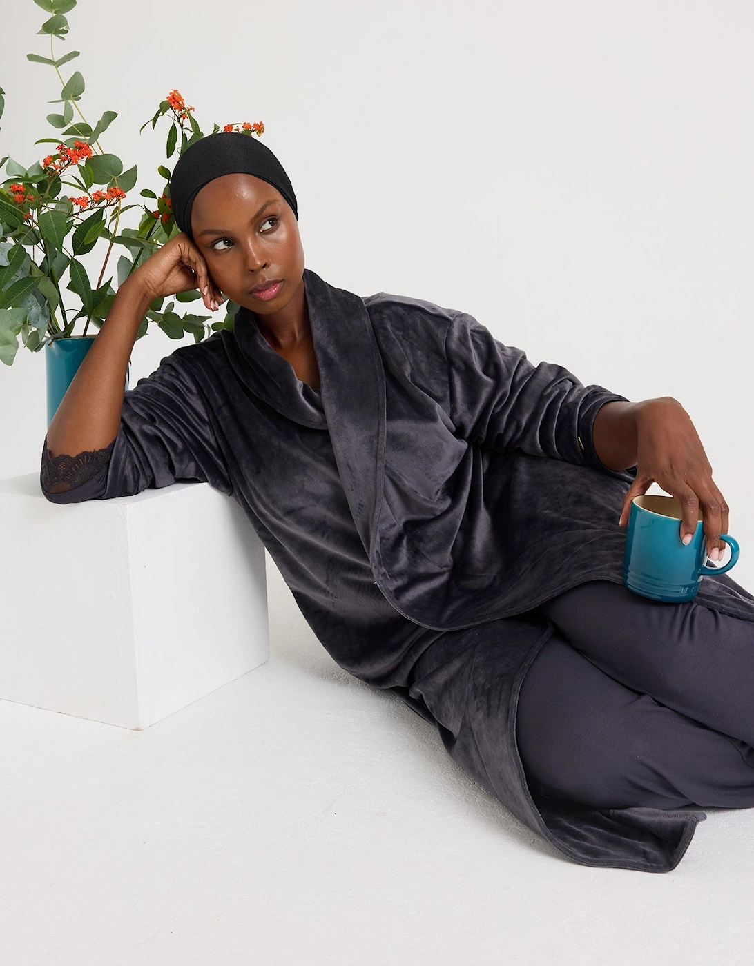 Velour Longline Dressing Gown in Raven, 8 of 7