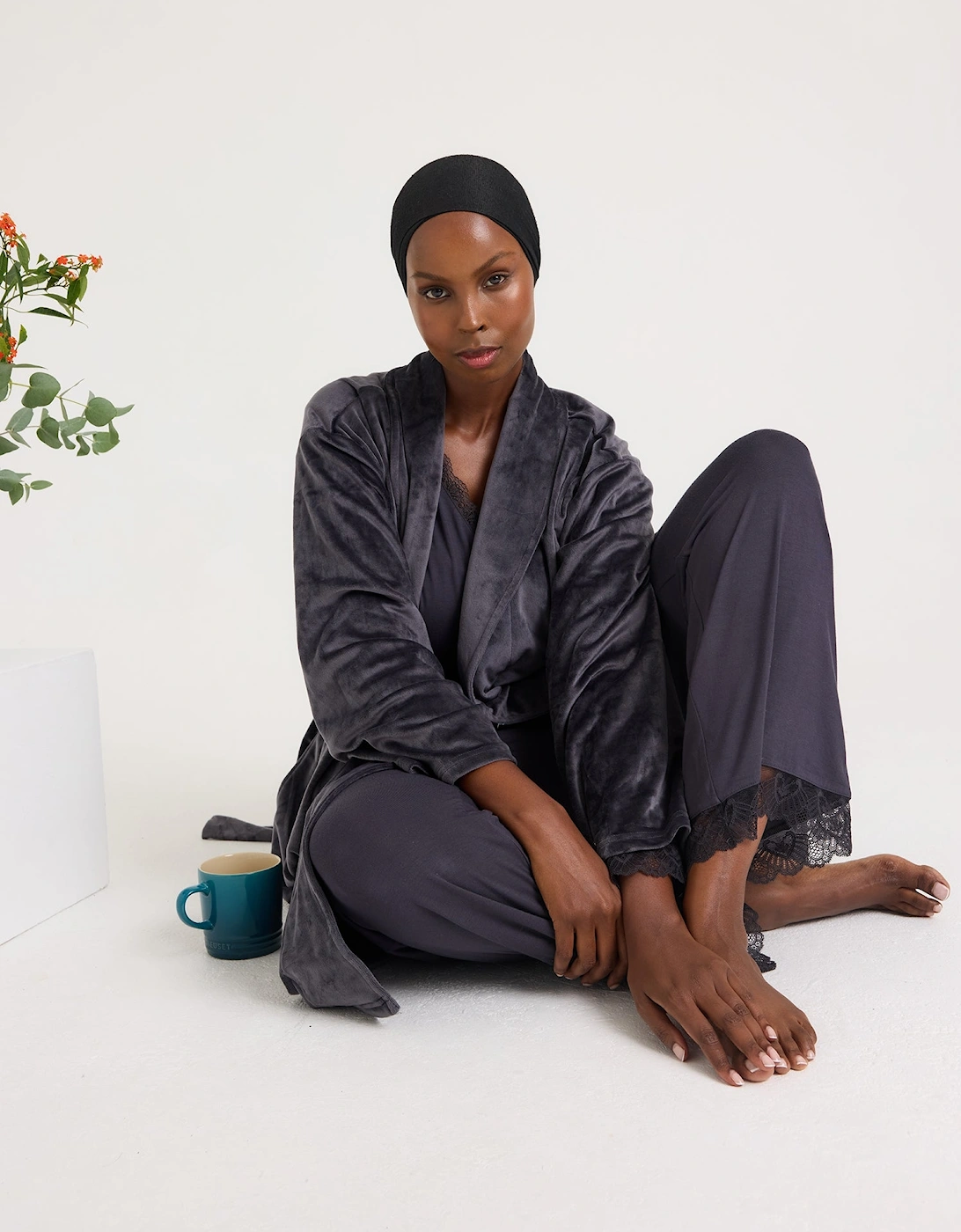 Velour Longline Dressing Gown in Raven