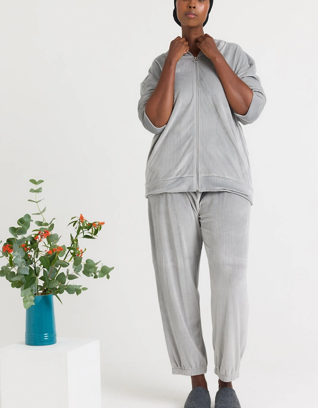 Velour Hoody Jogger Set in Grey