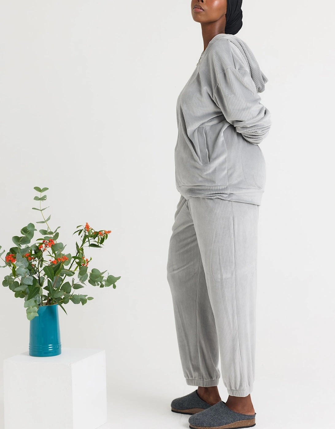 Velour Hoody Jogger Set in Grey