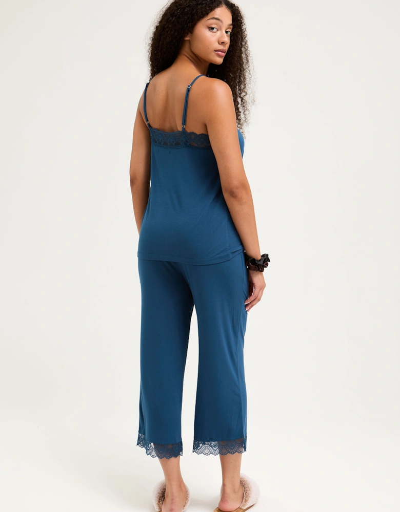 Bamboo Lace Cami Cropped Trouser Pyjama Set in Teal