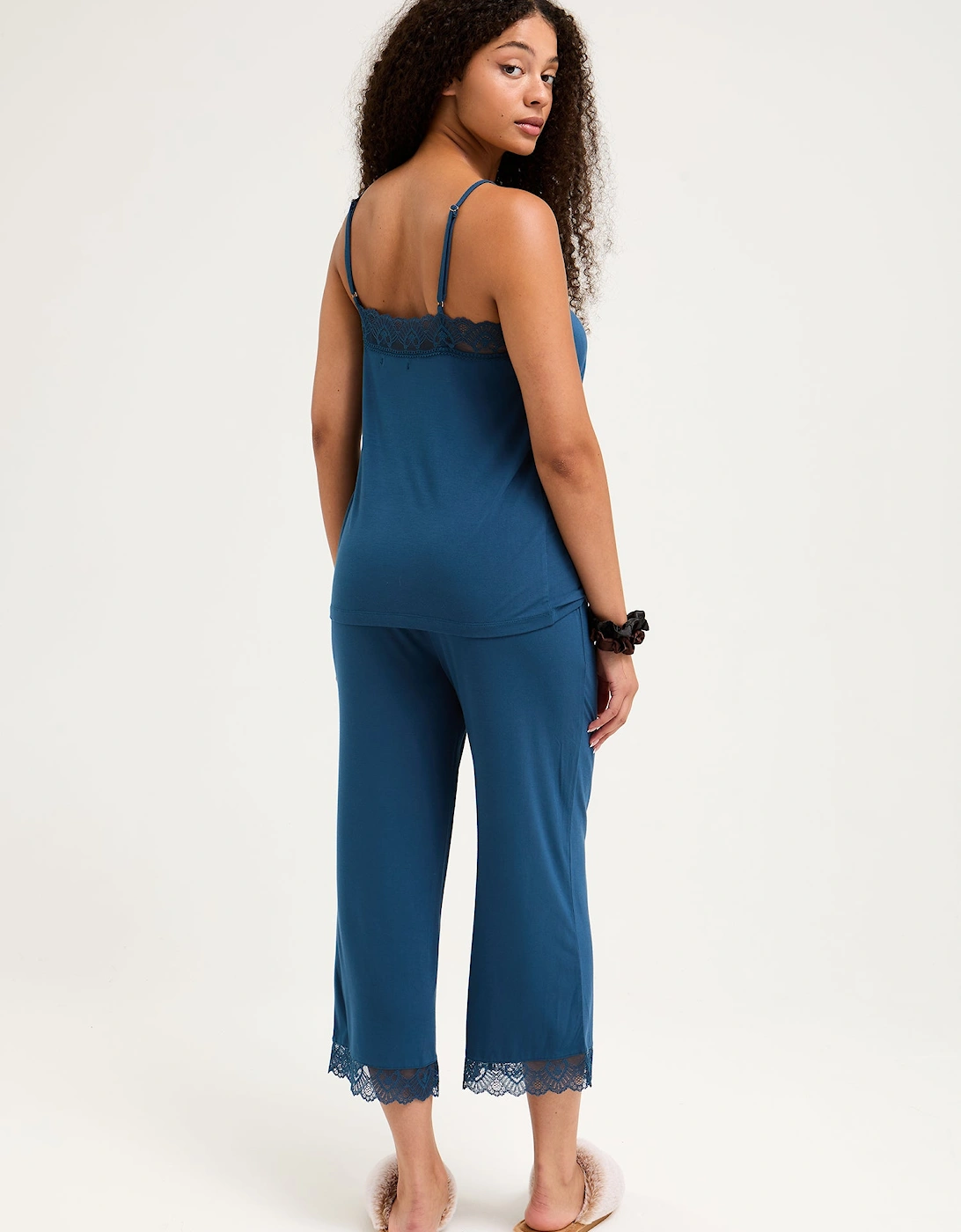 Bamboo Lace Cami Cropped Trouser Pyjama Set in Teal