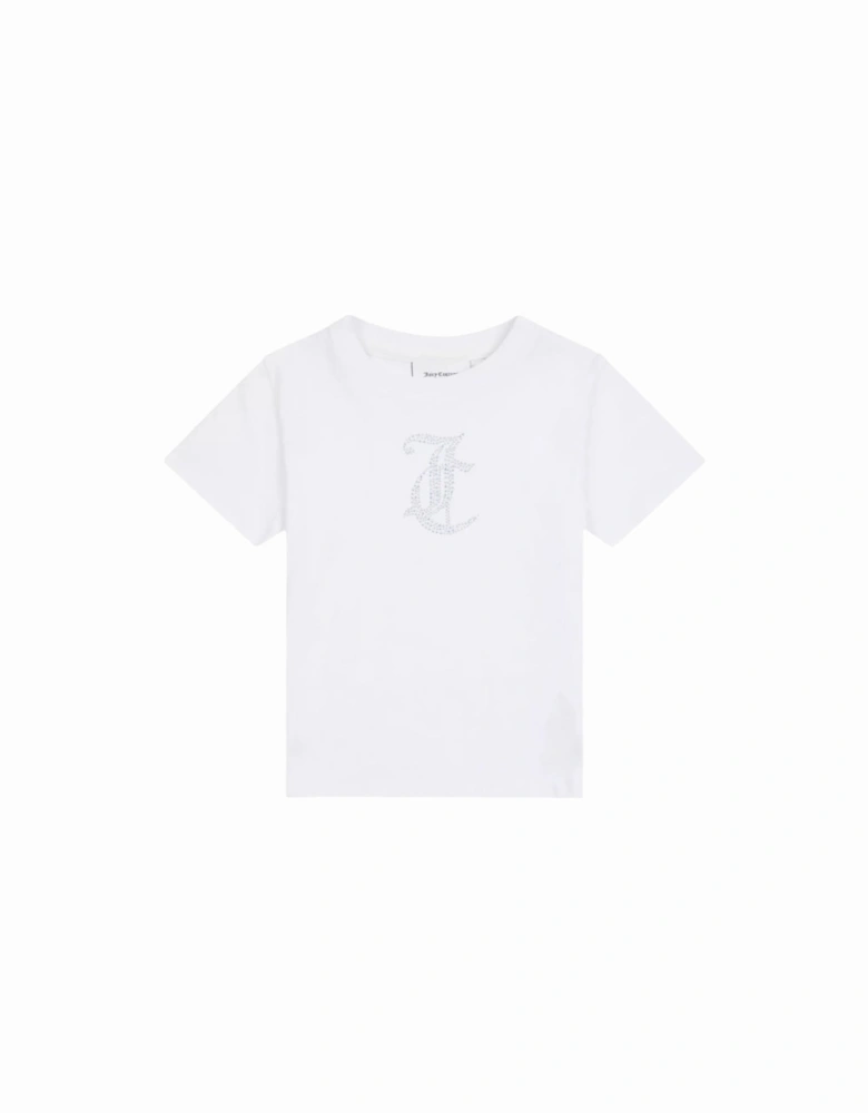Girls White Logo Diamanté Top