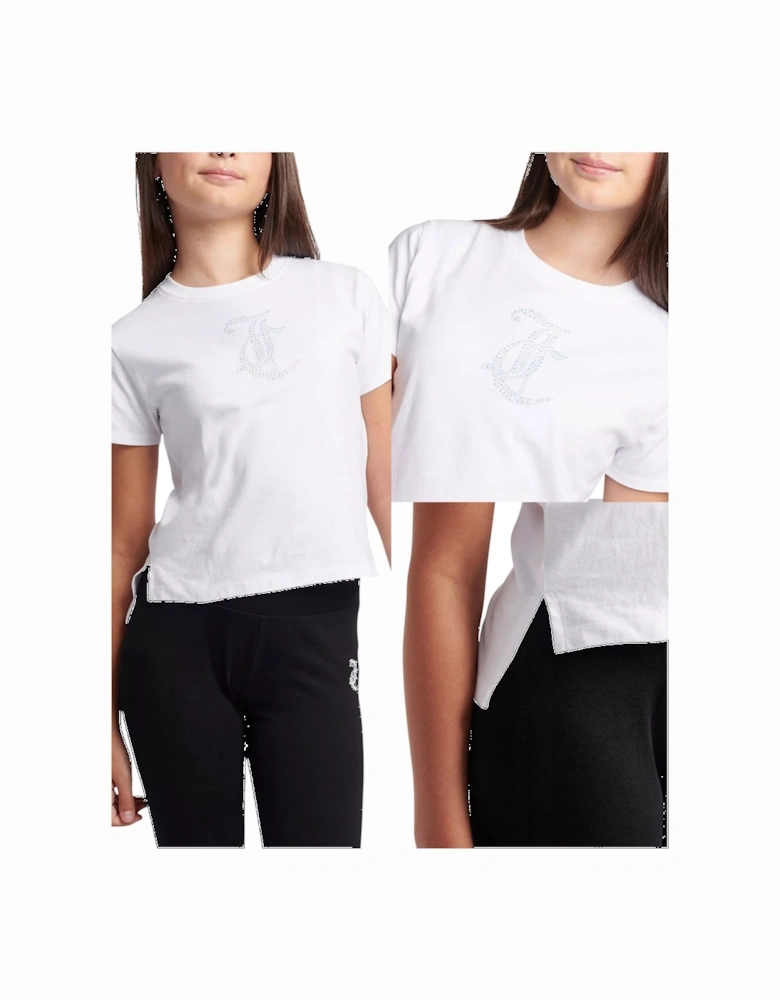 Girls White Logo Diamanté Top
