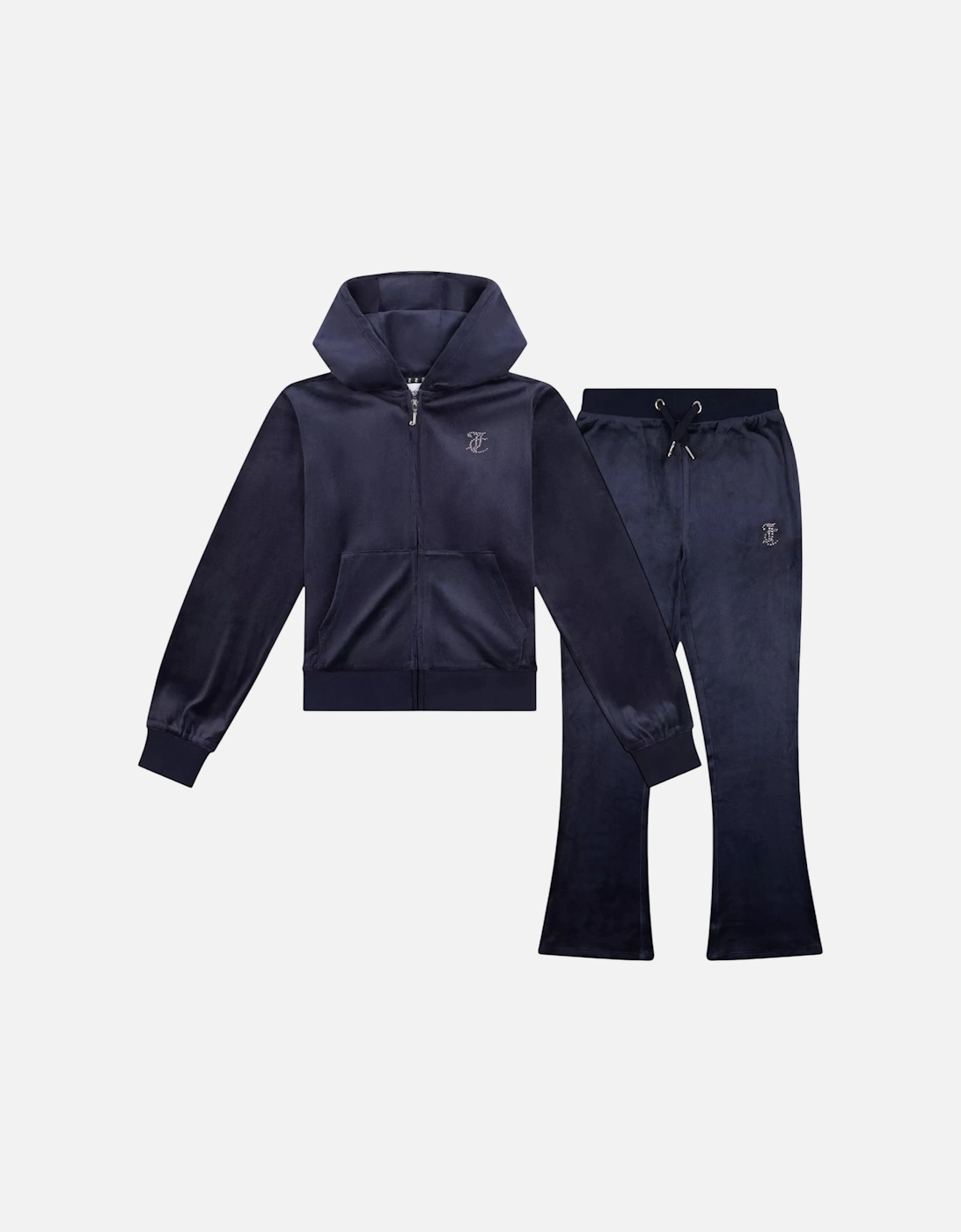 Girls Navy Velour Flare Leg Tracksuit
