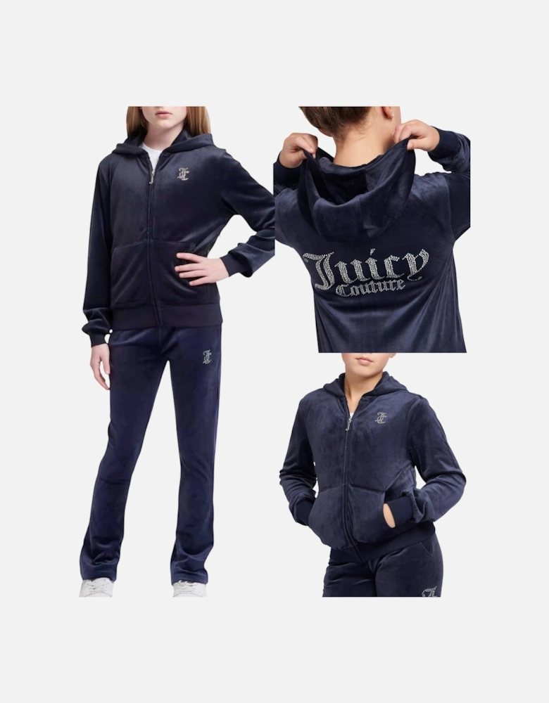Girls Navy Velour Flare Leg Tracksuit