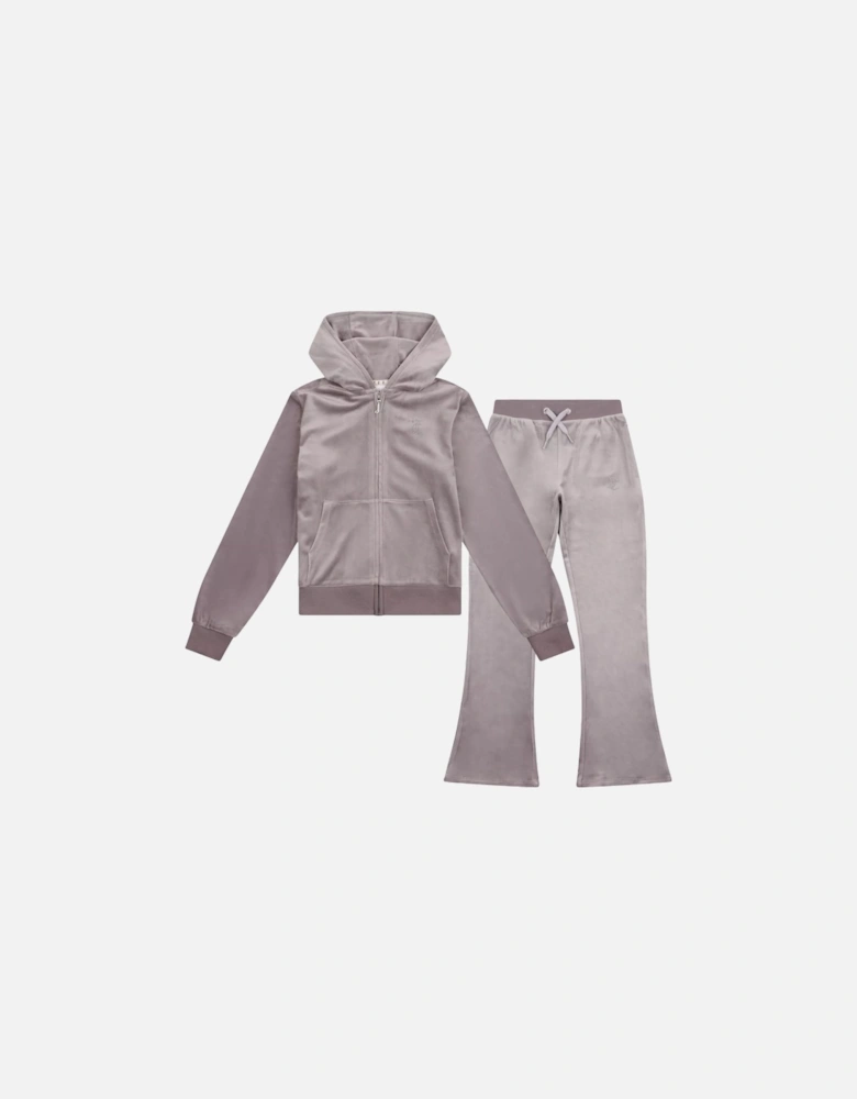 Girls Grey Mauve Velour Flare Leg Tracksuit