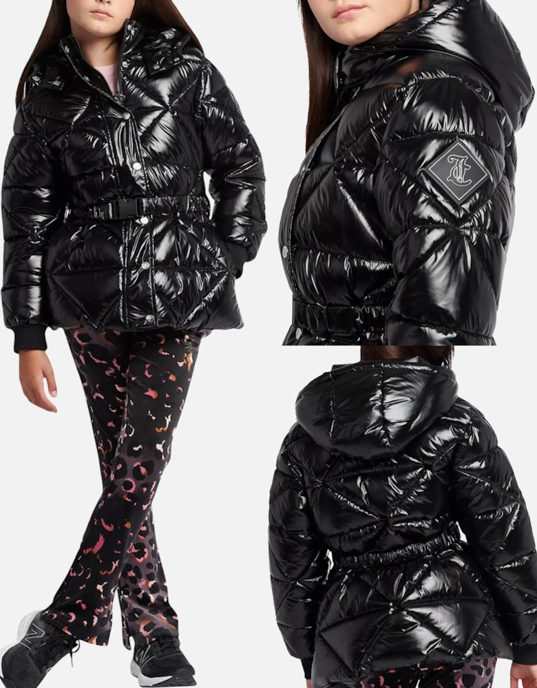 Girls Black Belted High Shine Coat
