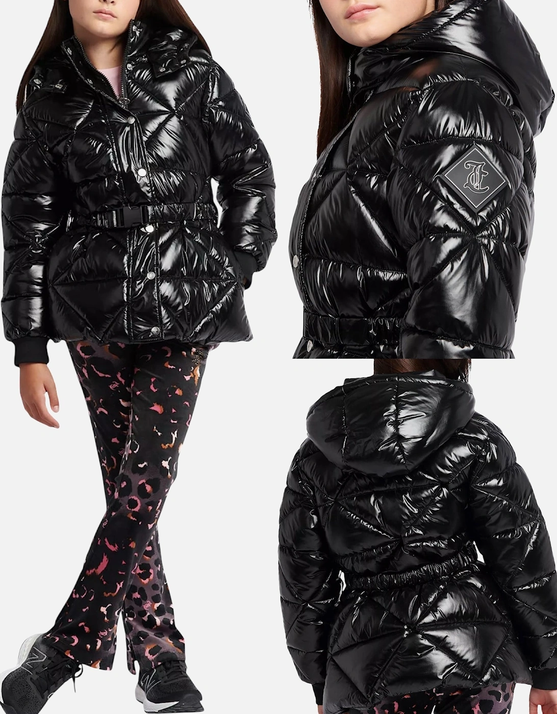 Girls Black Belted High Shine Coat, 8 of 7