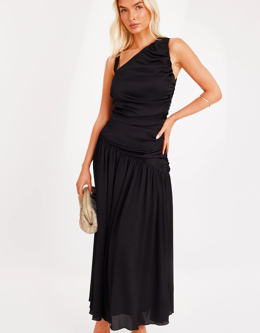 Black Asymmetric Drop Waist Midaxi Dress, 2 of 1