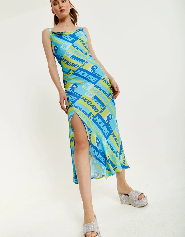 Printed Cowl Neck Midi Dress