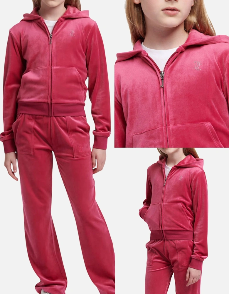 Girls Fuchsia Pink Velour Flare Leg Tracksuit
