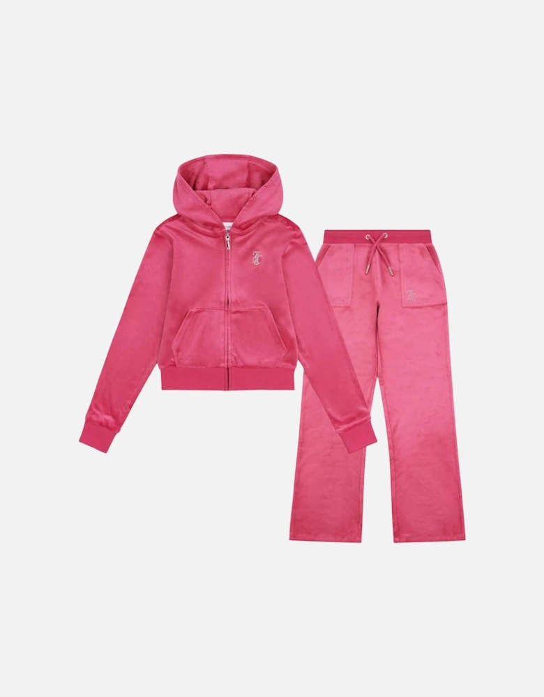 Girls Fuchsia Pink Velour Flare Leg Tracksuit