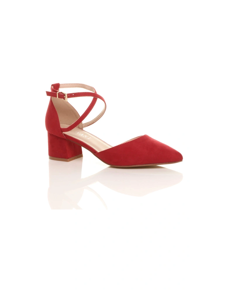 Mid Block Heel Crossed Strap Pointed Toe Faux Suede 2 Part Heels