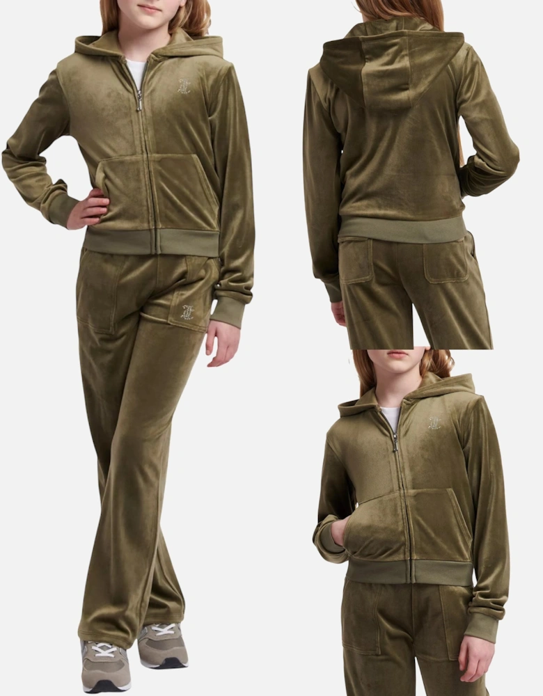 Girls Khaki Green Velour Flare Leg Tracksuit