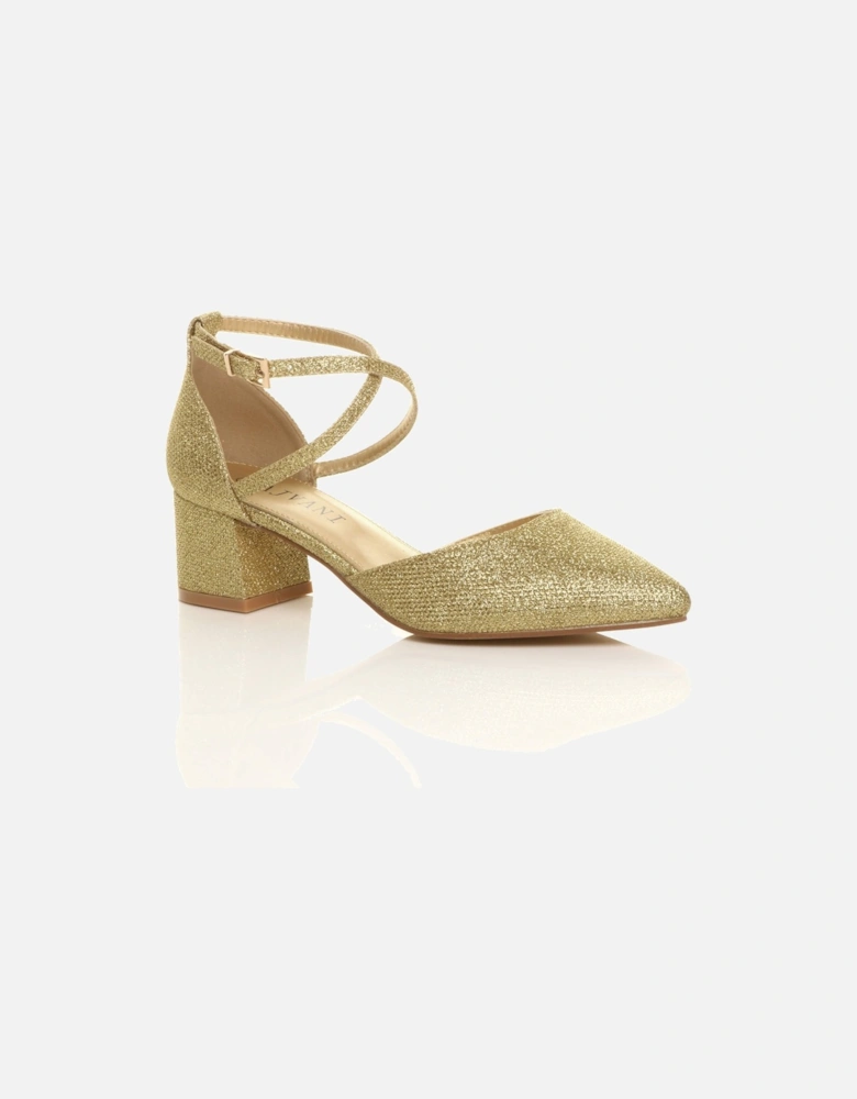 Mid Block Heel Crossed Strap Pointed Toe Glitter Mesh 2 Part Heels