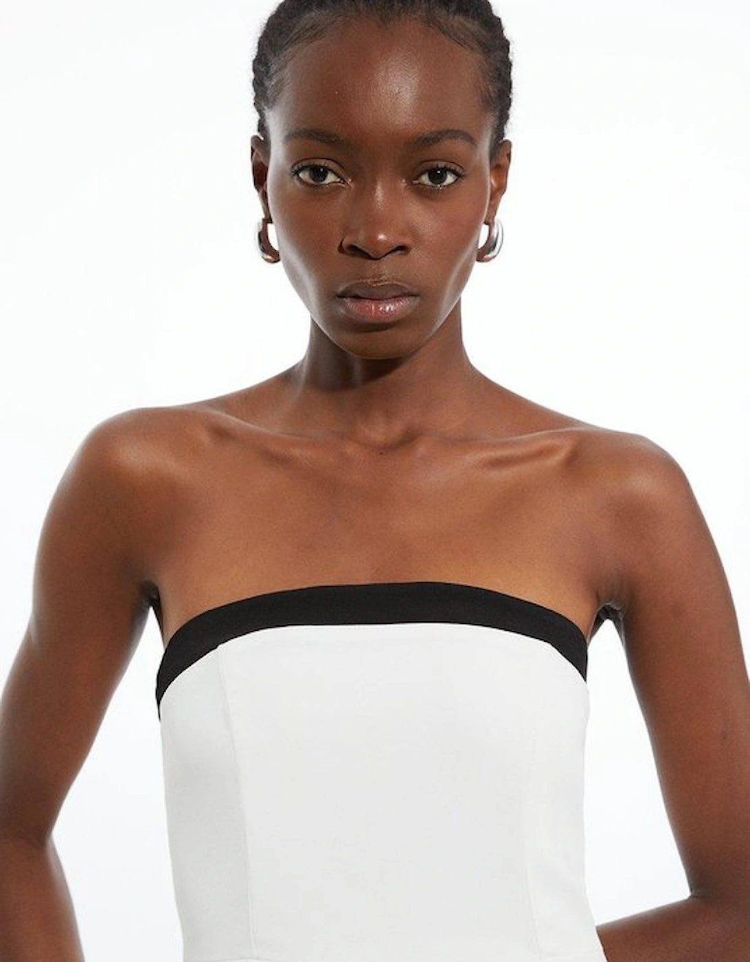 Compact Stretch Viscose Tailored Contrast Detailed Bandeau Midi Dress