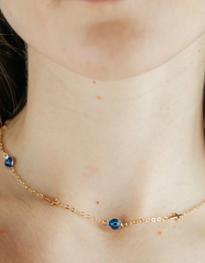 Blue Evil Eye Sideways Cross Necklace Minimalist Choker Dainty Protection Choker