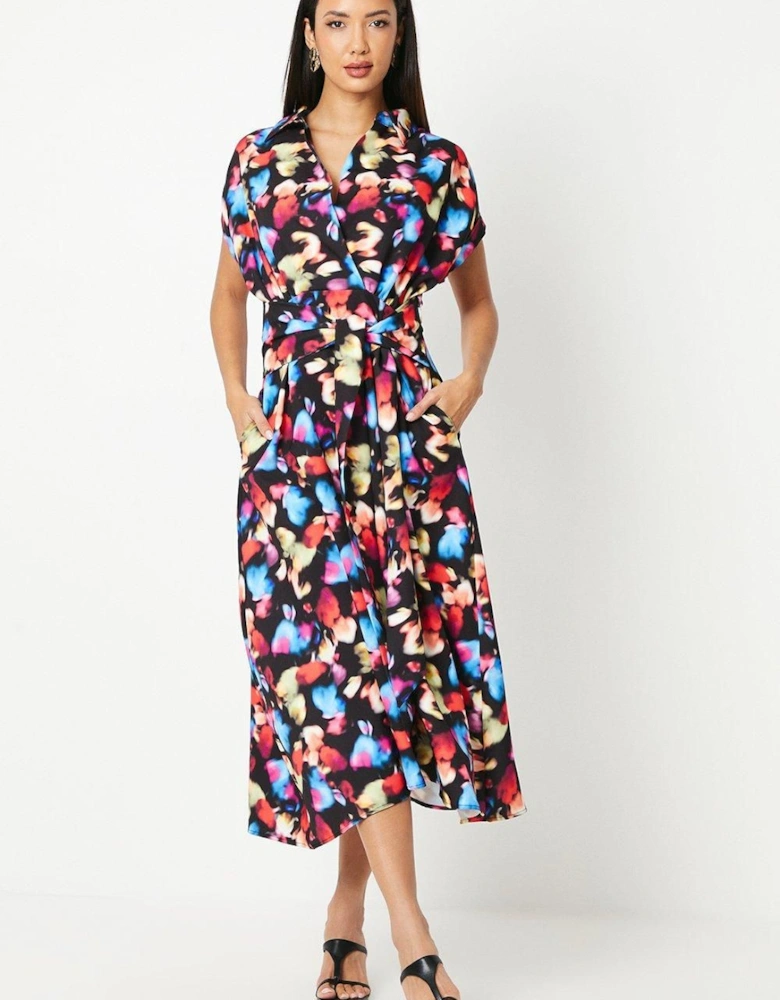 Blur Print Front Tie Shirt Midi Dress