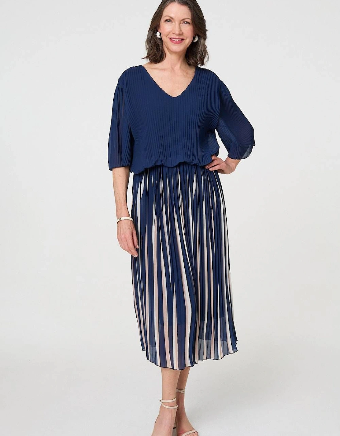Striped Pleat 1/2 Sleeve Midi Dress, 2 of 1