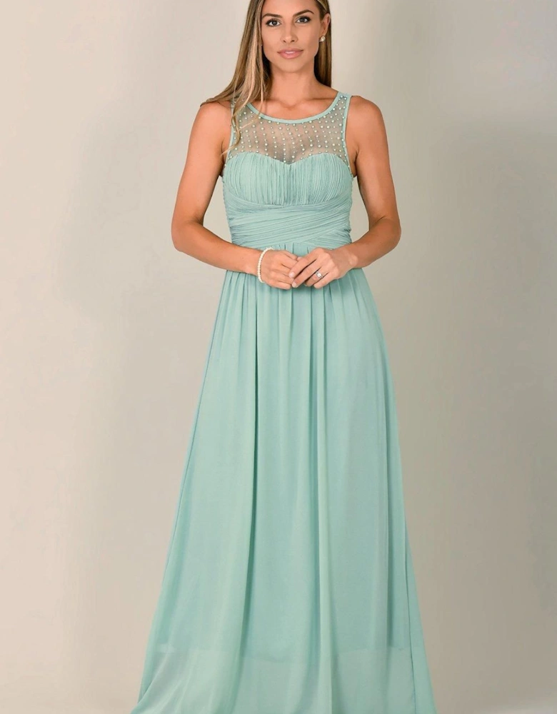 Gem & Mesh Front Chiffon Maxi Dress