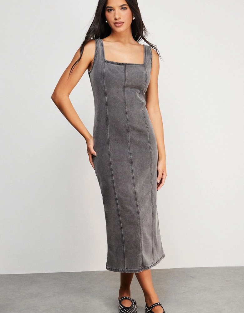 Seam Detail Fitted Denim Midi Dress