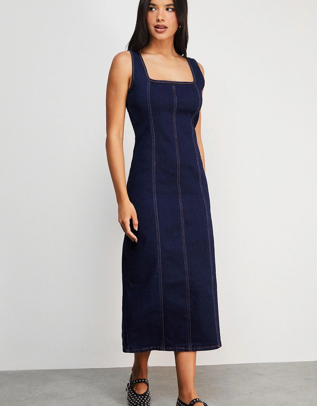 Seam Detail Fitted Denim Midi Dress, 2 of 1