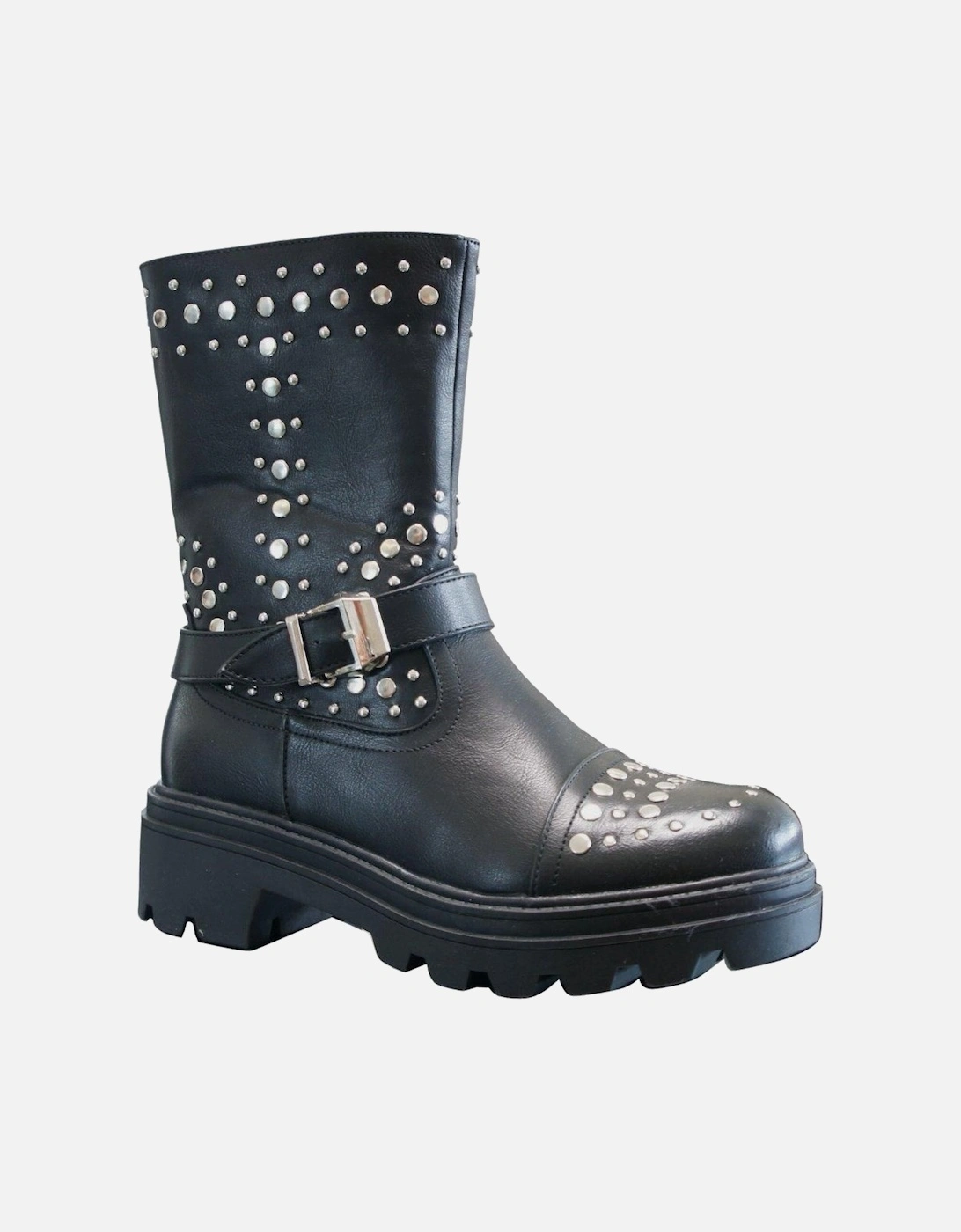 Black Studded Black buckle Chunky Zip Closure Ankle Boots, 2 of 1
