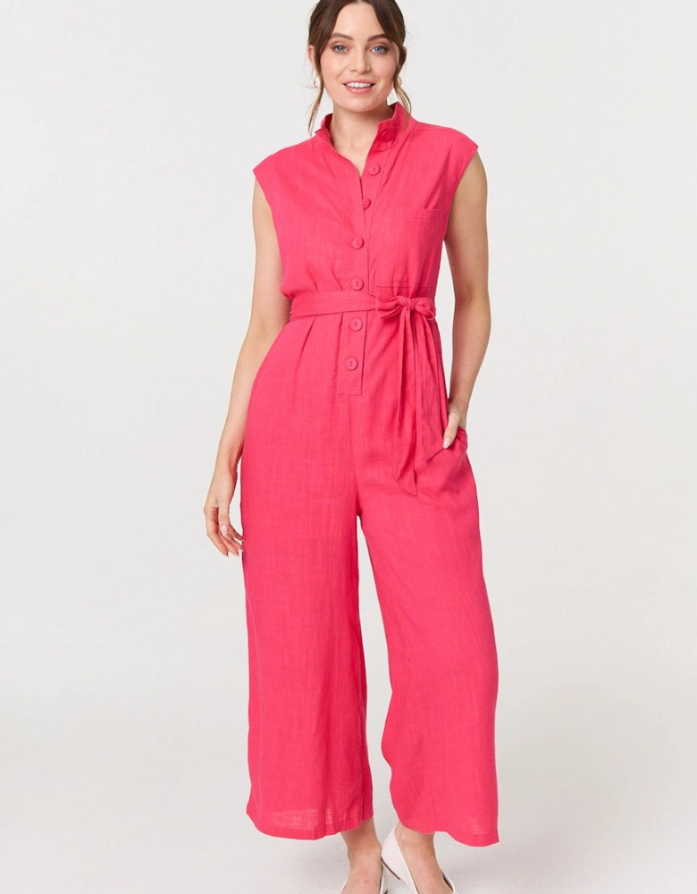 Sleeveless Tie Waist Button-Up Jumpsuit