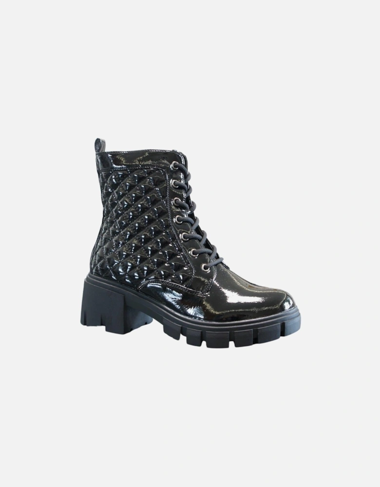 Black Quilted Patent Zip Closure Chunky Block Heel Ankle Boots
