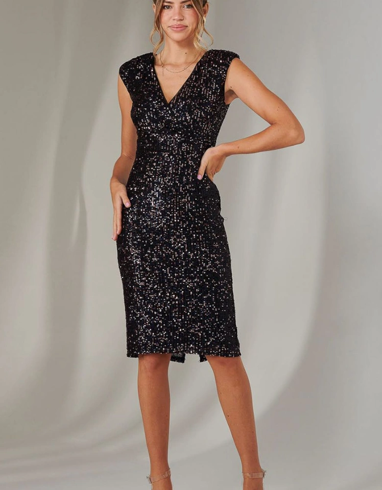 Wrap Bodice Sequin Midi Dress