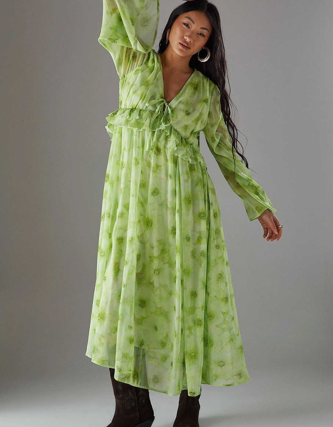 Petite Chiffon Plunge Neck Ruffle Midi Smock Dress, 2 of 1