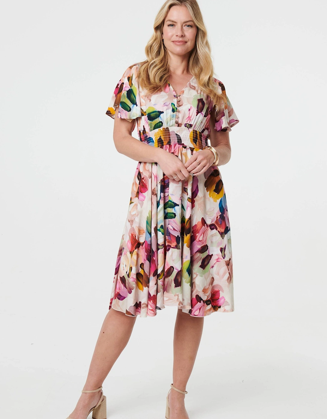 Floral Short Puff Sleeve Midi Dress, 2 of 1
