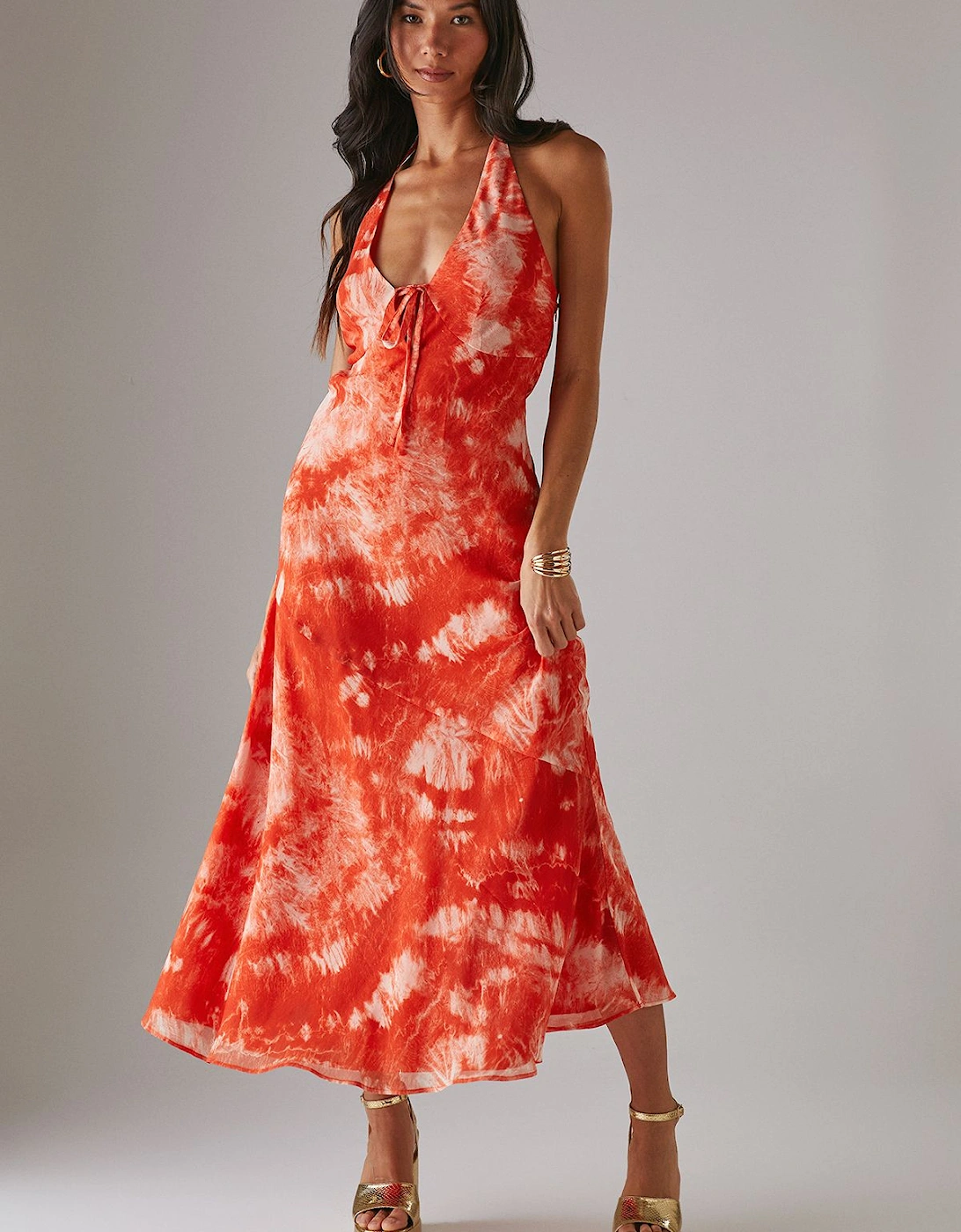 Tie Dye Chiffon Bias Low Back Halter Midi Dress, 2 of 1