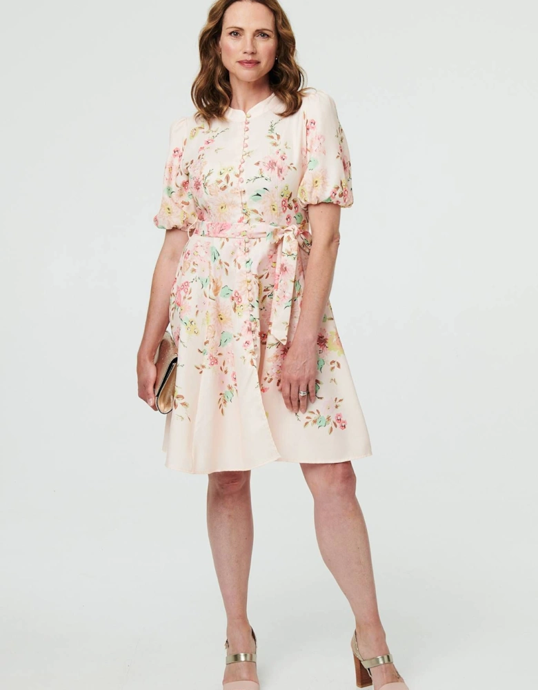 Floral Puff Sleeve High Neck Short Dress