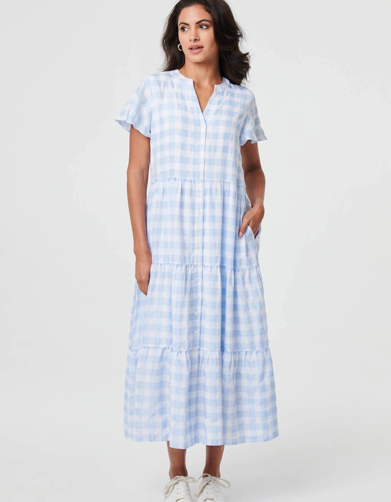 Checked Short Sleeve Tiered Maxi Dress